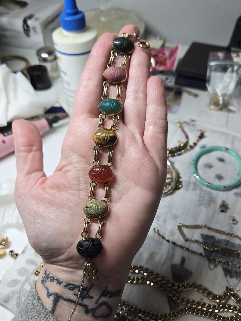 Vintage Gold Filled Link Multi-Stone Scarabs Bracelet - Multicolor